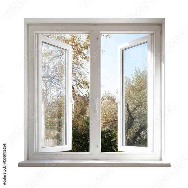 Fototapeta White double-hung window, open, garden view