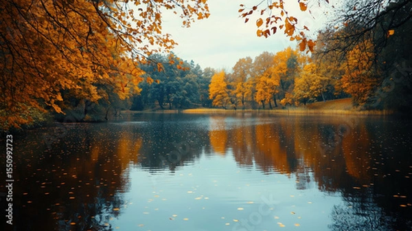 Obraz Autumn lake with orange and yellow trees reflecting on calm water, peaceful nature scene with fallen leaves floating, serene landscape in fall season