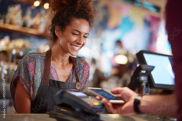 Fototapeta A woman is smiling at a man who is paying for something