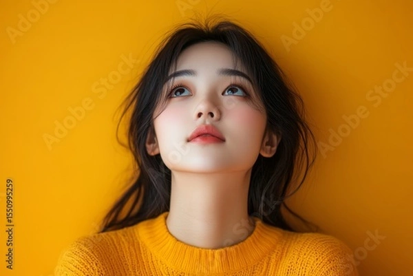 Fototapeta Young Asian woman looking up, imagining ideas and brainstorming creative thoughts, symbolizing inspiration and motivation., Generative AI