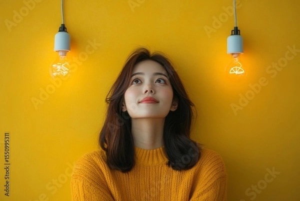 Fototapeta Young Asian woman looking up, imagining ideas and brainstorming creative thoughts, symbolizing inspiration and motivation., Generative AI