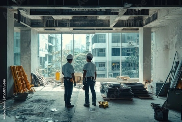 Fototapeta Asian contractor and engineer inspecting construction materials in a building, ensuring safety and structural integrity., Generative AI