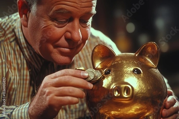 Fototapeta Close-up of a man putting coins into a piggy bank, symbolizing savings and financial responsibility., Generative AI