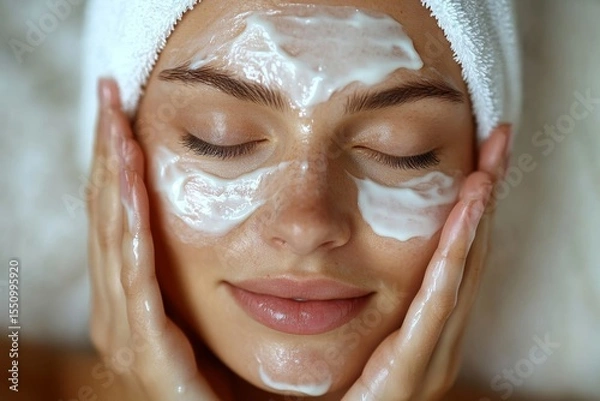 Fototapeta Wellness care concept, young woman applying facial skin care cream on her face while looking in the mirror, practicing daily skincare routines., Generative AI