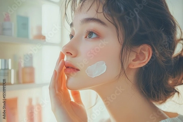 Fototapeta Wellness care concept, young woman applying facial skin care cream on her face while looking in the mirror, practicing daily skincare routines., Generative AI