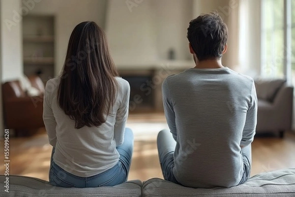 Fototapeta Family problem concept, Asian wife and husband sitting back to back in the living room, emotionally disconnected after an argument., Generative AI