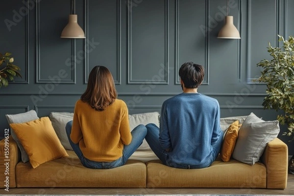 Fototapeta Family problem concept, Asian wife and husband sitting back to back in the living room, emotionally disconnected after an argument., Generative AI