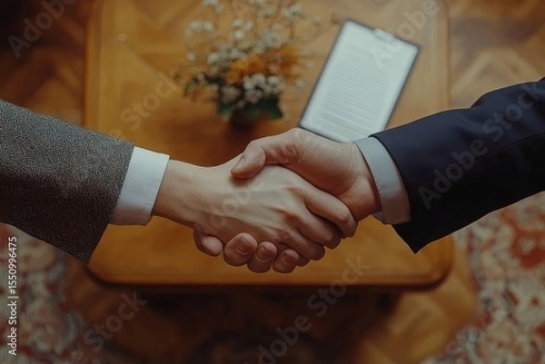 Fototapeta Top view of hands of an agent and client shaking hands after signing a contract for buying a new apartment, completing a property transaction., Generative AI