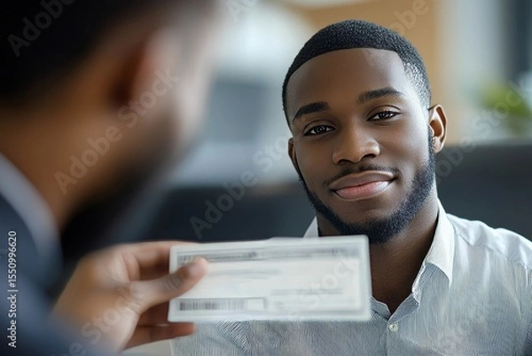 Fototapeta Close-up view of office worker receiving salary from boss, highlighting workplace compensation and professional achievement., Generative AI