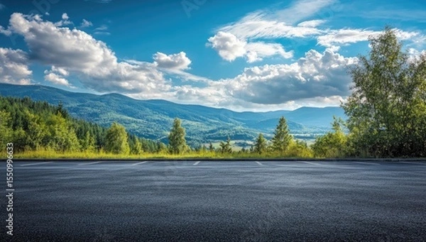 Fototapeta Empty parking lot overlooking a mountain vista