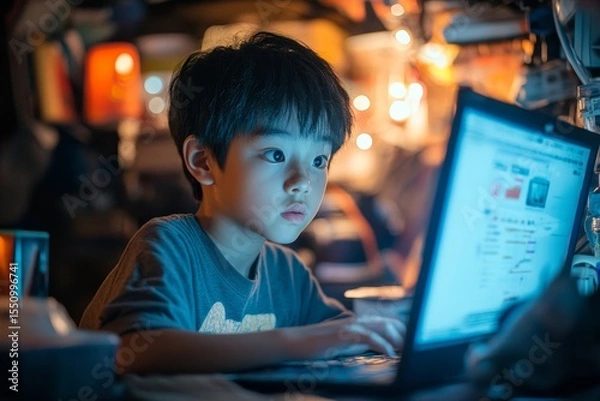 Fototapeta Asian teenager learning at home via the internet during the COVID-19 situation, focusing on online education., Generative AI