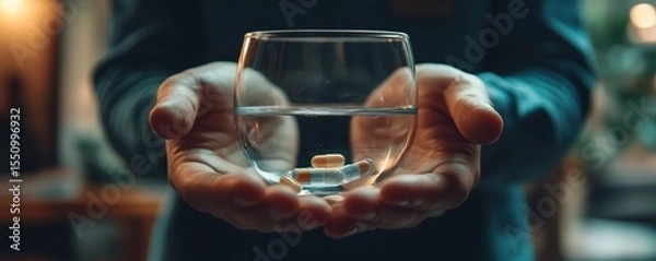 Fototapeta Healthcare harmony: Close-up of hands holding medication and water glass for wellness, focusing on both physical and mental health care., Generative AI