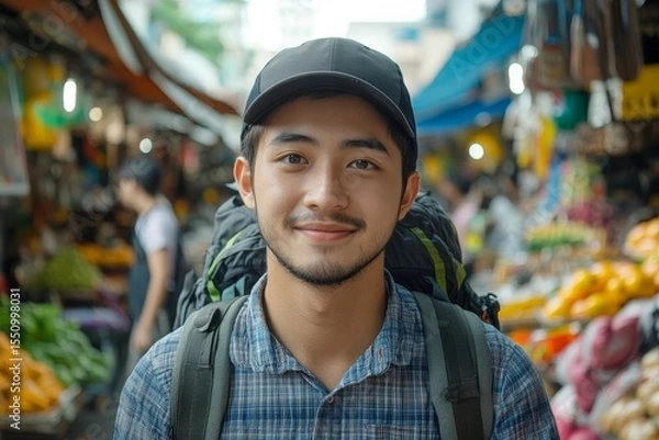Fototapeta Backpacker journey destination concept. Young tourism student traveling through city streets in Southeast Asia during a summer vacation trip, exploring the local culture., Generative AI