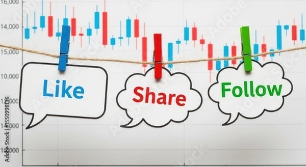 Obraz Social media marketing strategy like share follow growth stock market analysis trends