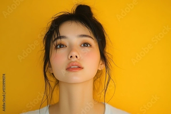 Fototapeta Face expression of an Asian woman experiencing the weather on a summer day in a studio shoot with a yellow background, showcasing her emotional response., Generative AI