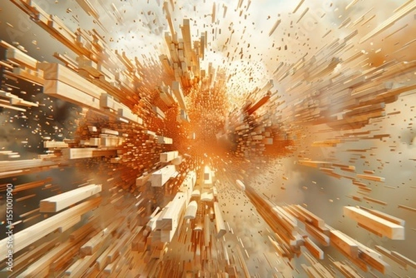 Fototapeta Abstract Burst of Wooden Blocks Surging Forward in Explosive Motion with Vibrant Orange Hues and Dynamic Energy Creating a Sense of Movement and Depth
