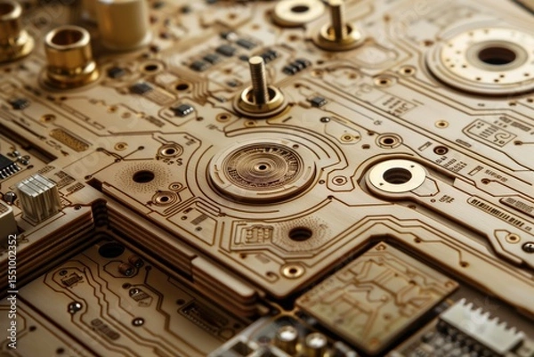 Fototapeta Close-up of Intricate Circuit Board with Copper Plated Patterns and Mechanical Components for Electronic Technology Background