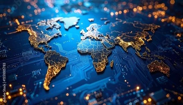 Fototapeta World map on a circuit board.