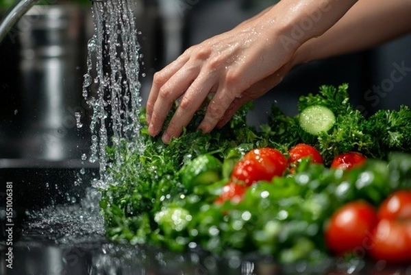 Fototapeta Close-up of hands washing vegetables under tap water in the kitchen, preparing ingredients for a fresh salad., Generative AI