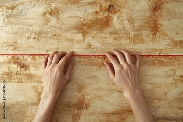 Fototapeta Hands of a person doing a DIY project at home, measuring wood for cabinet crafting as a hobby., Generative AI