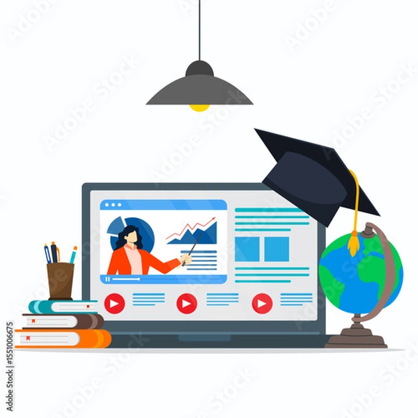 Obraz A teacher explaining business growth lessons on video learning in laptop screen with big icon of graduation cap, globe, tools of study and books. Online education concept.