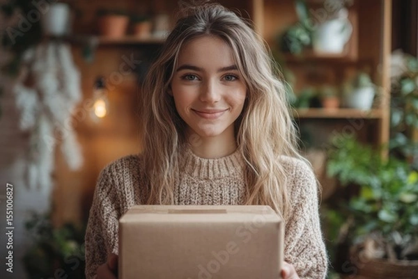 Fototapeta Happy woman receiving a goods package from an online store, symbolizing the convenience of e-commerce., Generative AI