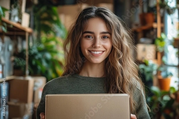 Fototapeta Happy woman receiving a goods package from an online store, symbolizing the convenience of e-commerce., Generative AI
