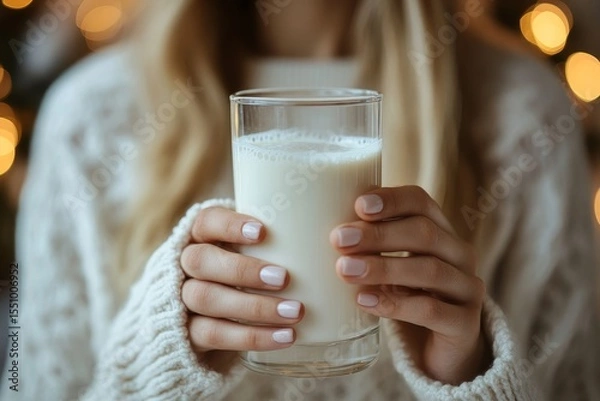 Fototapeta Lactose intolerance concept, woman holding a glass of milk and experiencing  discomfort., Generative AI