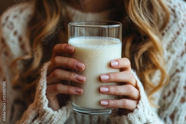 Fototapeta Lactose intolerance concept, woman holding a glass of milk and experiencing  discomfort., Generative AI