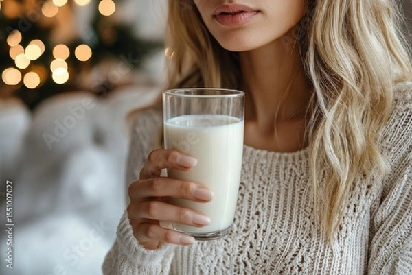Fototapeta Lactose intolerance concept, woman holding a glass of milk and experiencing  discomfort., Generative AI