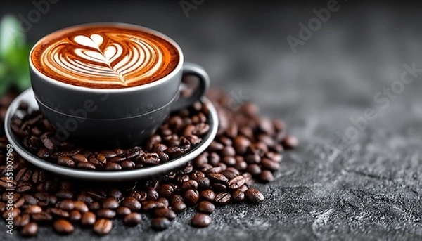Obraz Latte art on dark surface with coffee beans