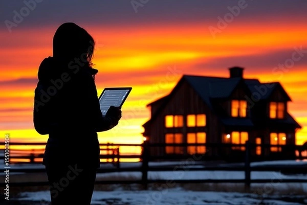 Obraz Woman with tablet at sunset, home in background