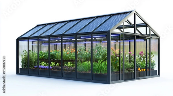 Obraz Climate-Controlled Greenhouse with Lush Plant Rows and Exterior Sensors

