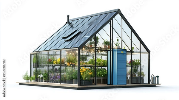 Obraz Glass-Enclosed Greenhouse Featuring Fresh Vegetables and Monitoring Equipment

