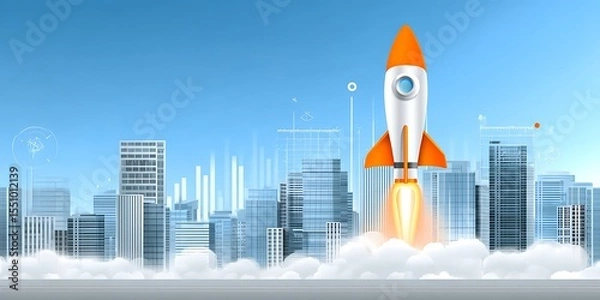 Obraz Rocket launching over city skyline