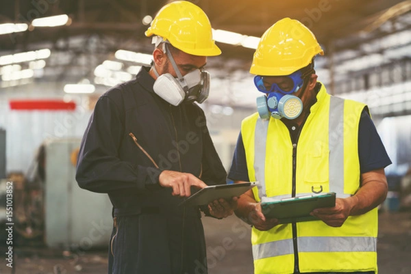 Obraz Health safe of work and safety first concept. Chemical leak and safety first concept. Group of chemical specialist wear safety uniform, gas mask inspecting chemical leak in industry factory
