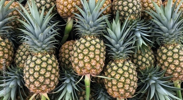 Fototapeta A vibrant, close-up vertical shot showcasing a bountiful pile of fresh, ripe pineapples with their spiky green crowns, ready for enjoyment.