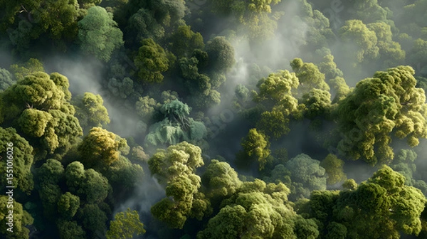 Fototapeta Aerial view of a lush green forest shrouded in mist. Sunlight filters through the canopy, creating a magical atmosphere.