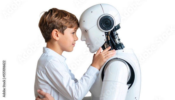 Fototapeta Warm, heart-touching scene showing emotional trust and bonding between child and robot isolated on transparent background.