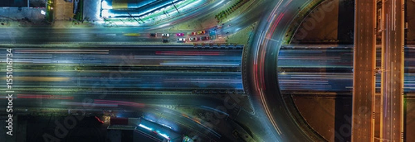 Obraz Aerial view of car traffic transportation above intersection road of Drone aerial view fly , high angle. Public transport or commuter city life concept of economic and energy, infrastructure	
