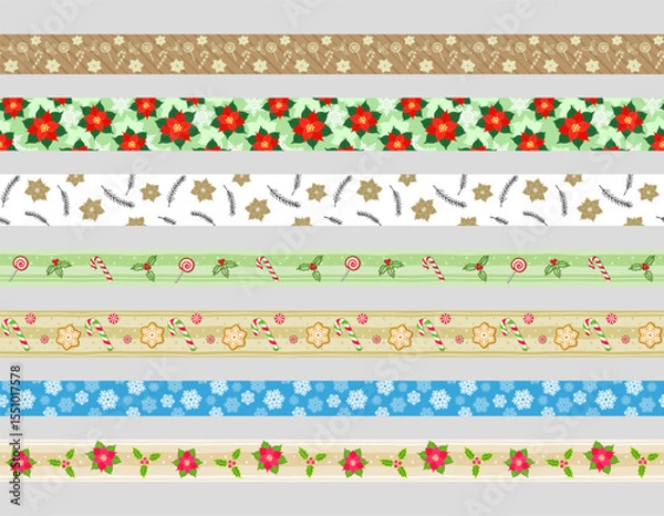 Fototapeta Different ribbons with Christmas decor, isolated on a grey background. Collection of various horizontal edging with poinsettia flowers, mistletoe, snowflakes and Xmas sweets. Vector set for washi tape