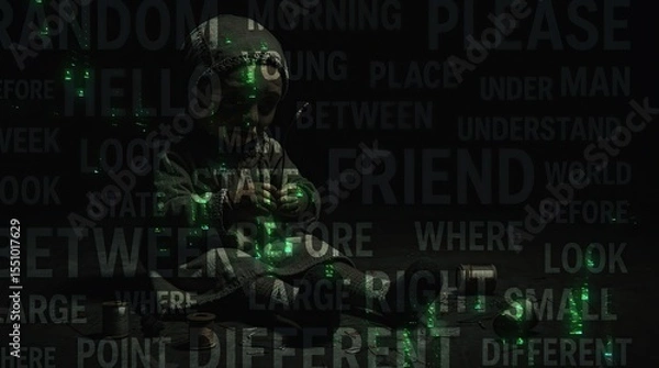 Fototapeta Child sitting in a dark room surrounded by glowing green lights and text