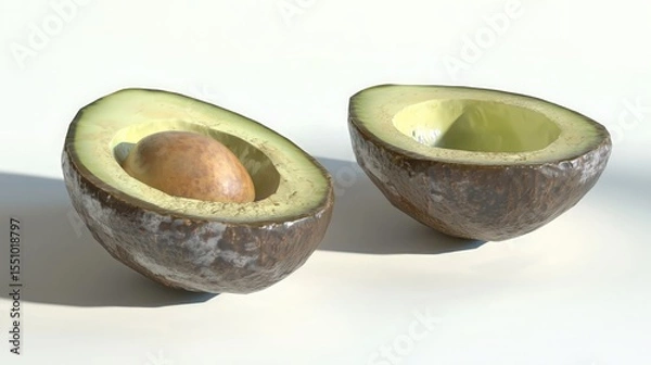 Fototapeta Minimalist avocado halves on white surface with soft shadows
