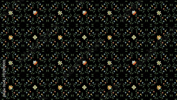 Obraz Dark background with floral pattern featuring various flowers and small leaf like shapes repeated evenly