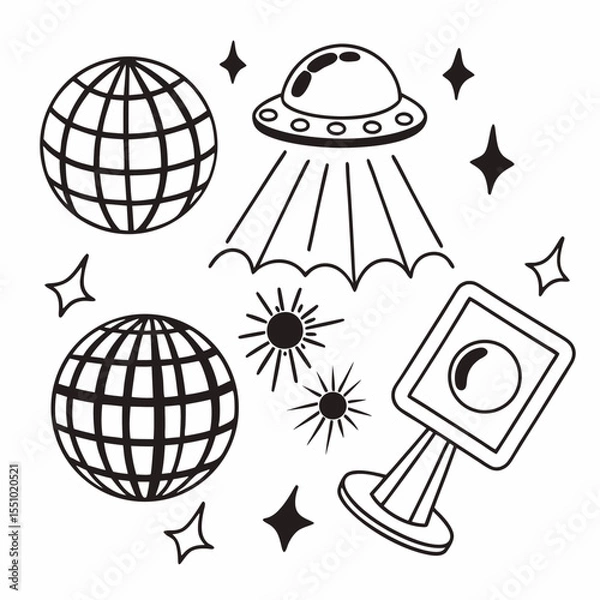 Fototapeta A futuristic Y2K vector shape pack featuring abstract icons, globes, glittering stars, grids and tech-inspired elements. Perfect for digital design, posters and streetwear...