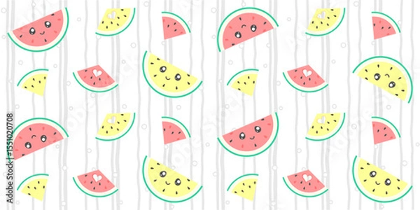 Fototapeta Red and yellow watermelon slices with a cute face and a carved heart on a striped background with small circles. Colorful endless texture with kawaii summer fruit. Vector seamless pattern for printing
