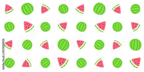 Fototapeta A whole green watermelon and its red triangular slices on a white background. Fruit pieces. Colorful endless texture with summer fruit. Vector seamless pattern for packaging, surface texture, printing