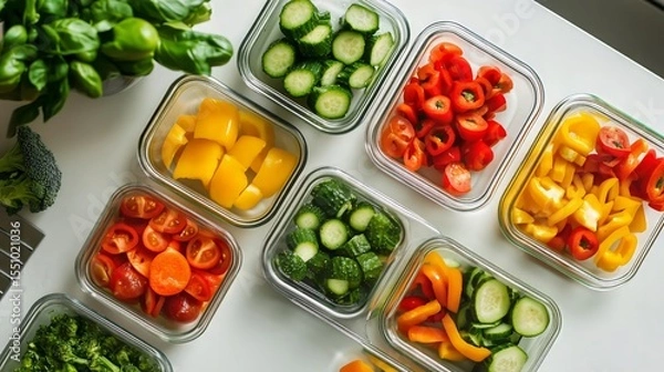 Fototapeta Colorful Chopped Vegetables in Glass Containers on White Background
