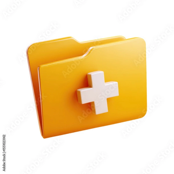 Fototapeta A vibrant yellow 3D rendered folder icon featuring a white plus sign emblem on its surface representing addition or new content