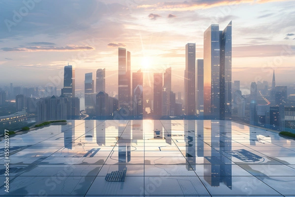 Fototapeta Modern eco-city skyline with glass towers, floating walkways, and glowing sunset from solar rooftop view.